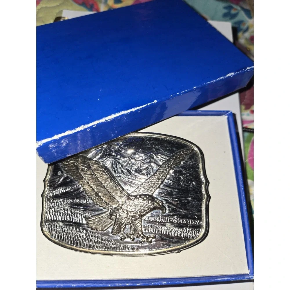 Vintage 1982 American Eagle Bicentennial Belt Buckle Silver Plate 24 Gold IOB